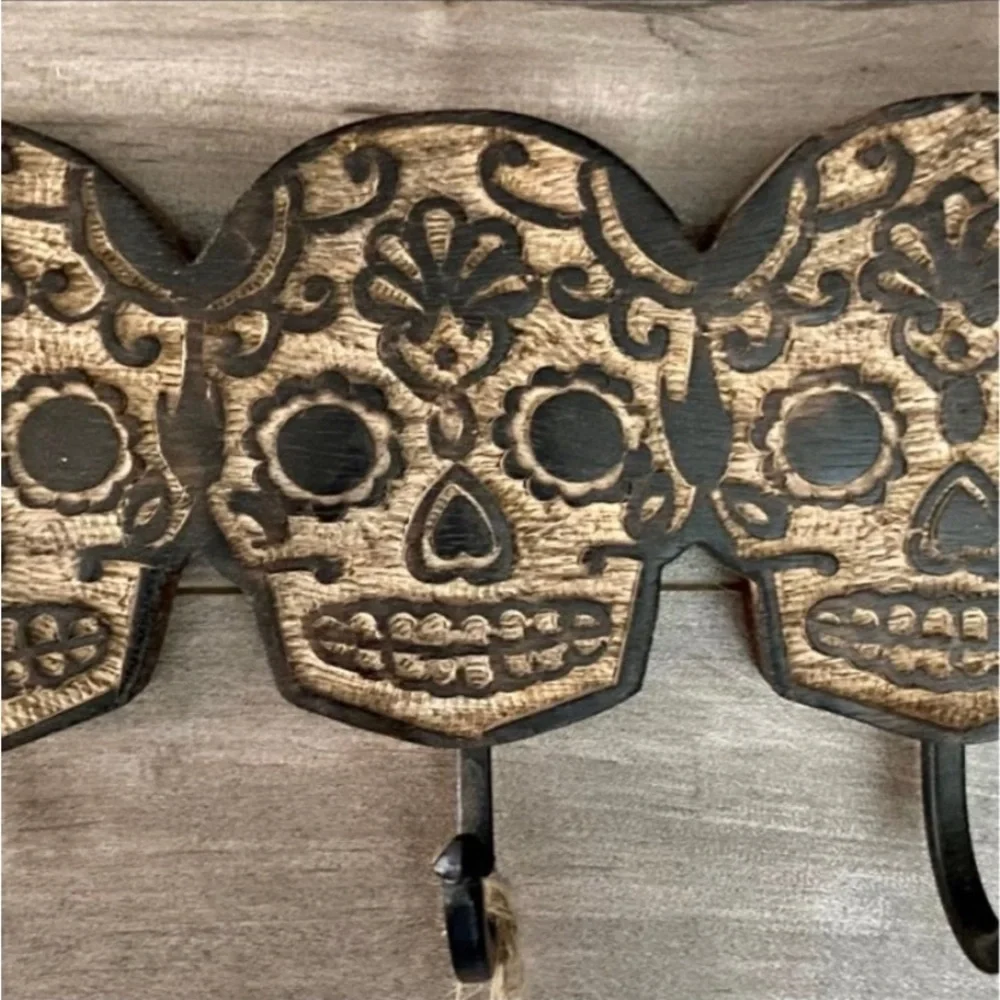 Sugar Skull Wood 3 Hook Hanger